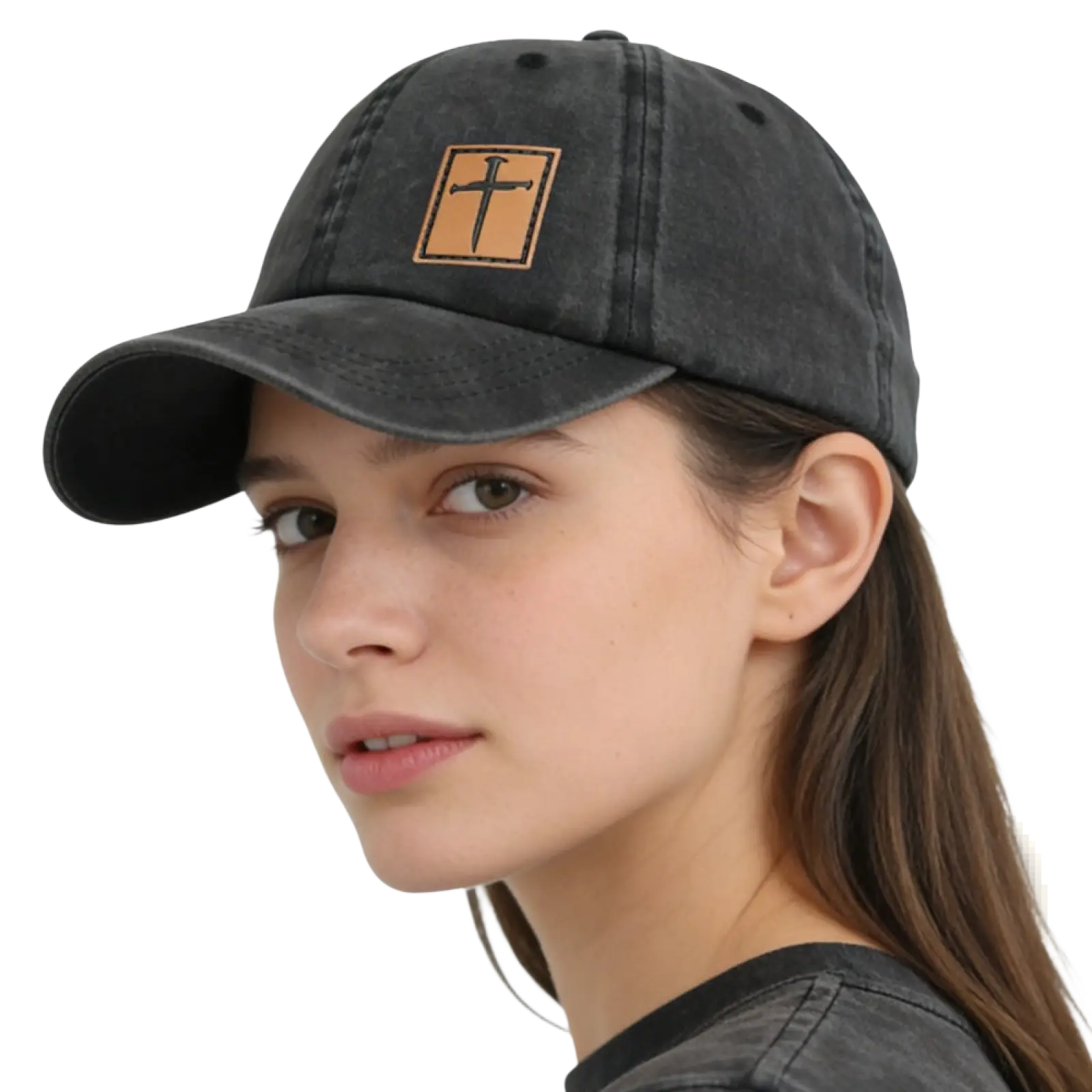 Black distressed baseball cap with tan leather patch featuring black stitched Christian cross in the center