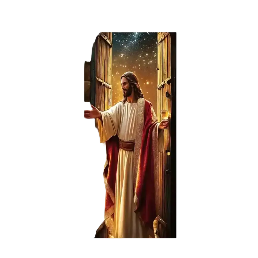 Rectangular christian jesus easter backdrop door cover showing jesus in white robe with red cloak between wooden doors