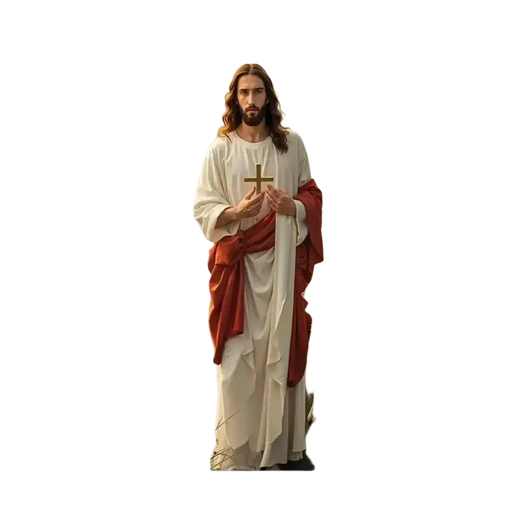 A standing cardboard cutout of jesus christ in white robe with red cloth holding golden cross for christian jesus easter backdrop door cover