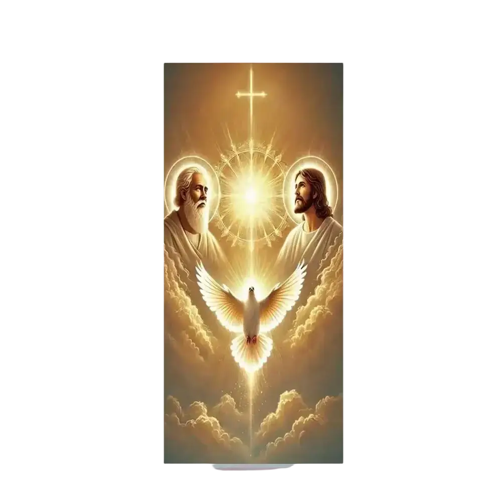 Christian jesus easter backdrop door cover featuring two bearded figures in white robes with halos and a glowing cross