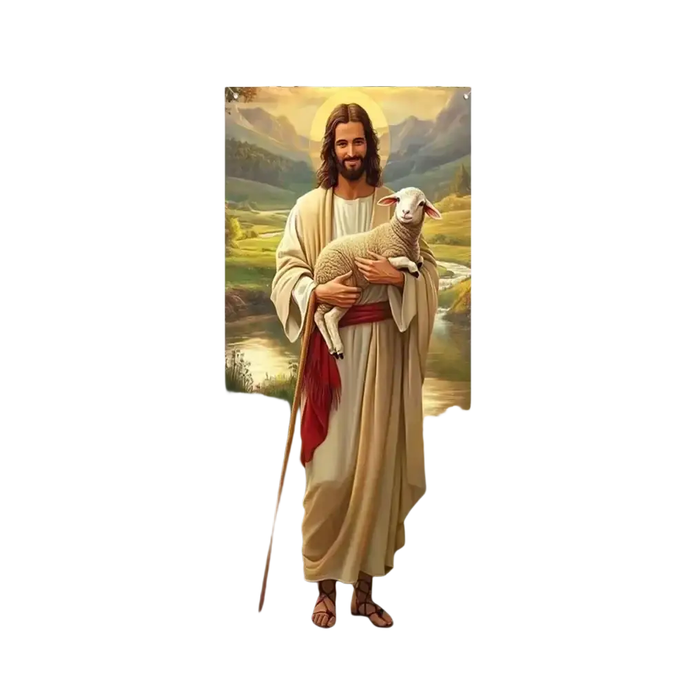 Beige and red Christian Jesus Easter party photography backdrop door cover with Jesus holding a lamb in a pastoral landscape