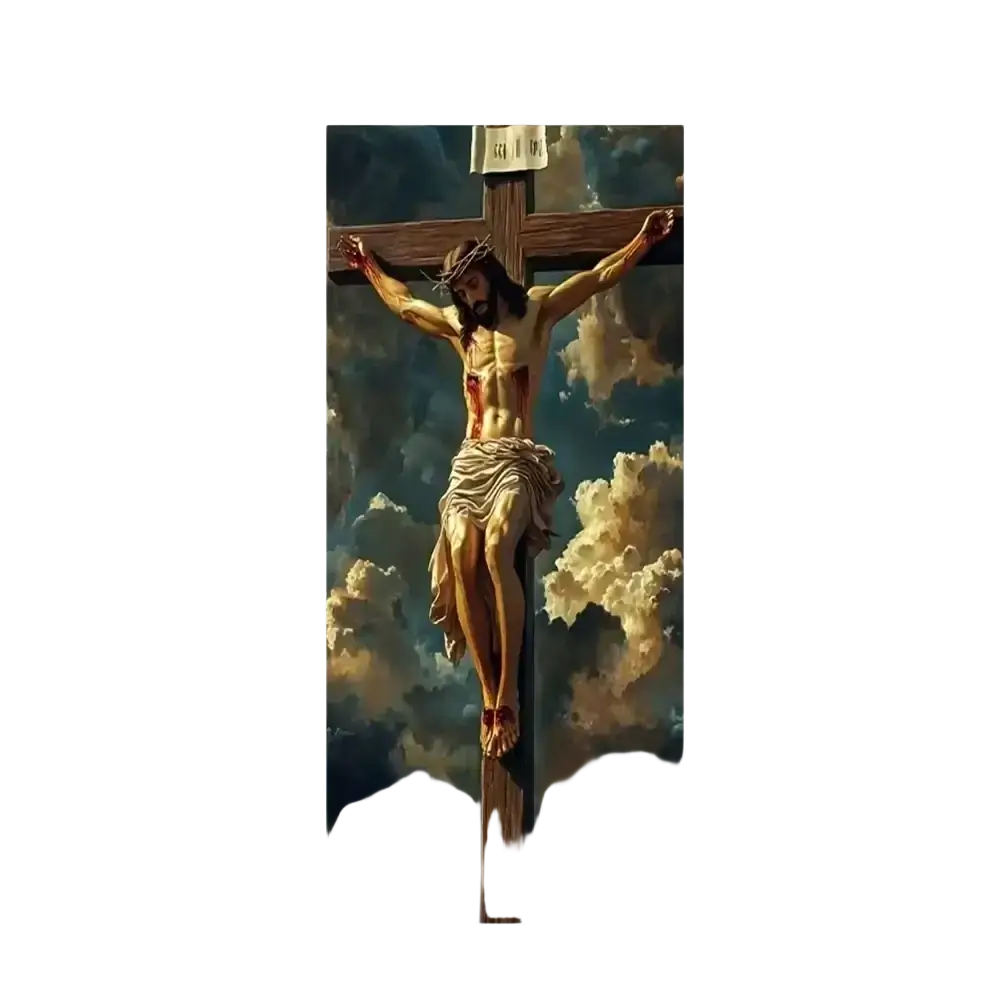 A christian jesus easter backdrop door cover featuring a detailed painting of jesus christ crucified on a cross