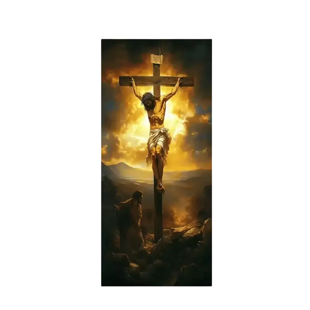 Christian jesus easter backdrop door cover featuring jesus crucified on dark wood cross with golden light and fiery sky