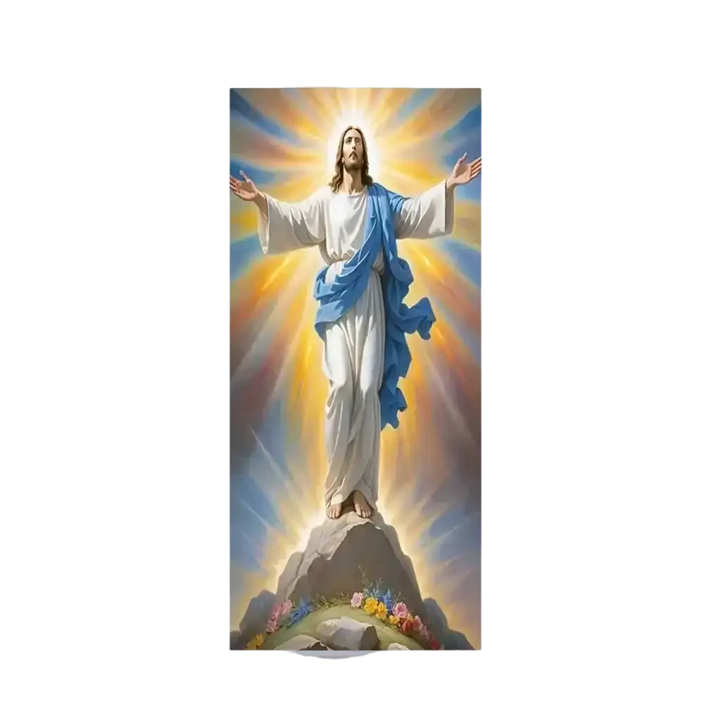 Christian jesus easter backdrop door cover featuring jesus christ in white robes with blue sash and golden halo on rocky peak