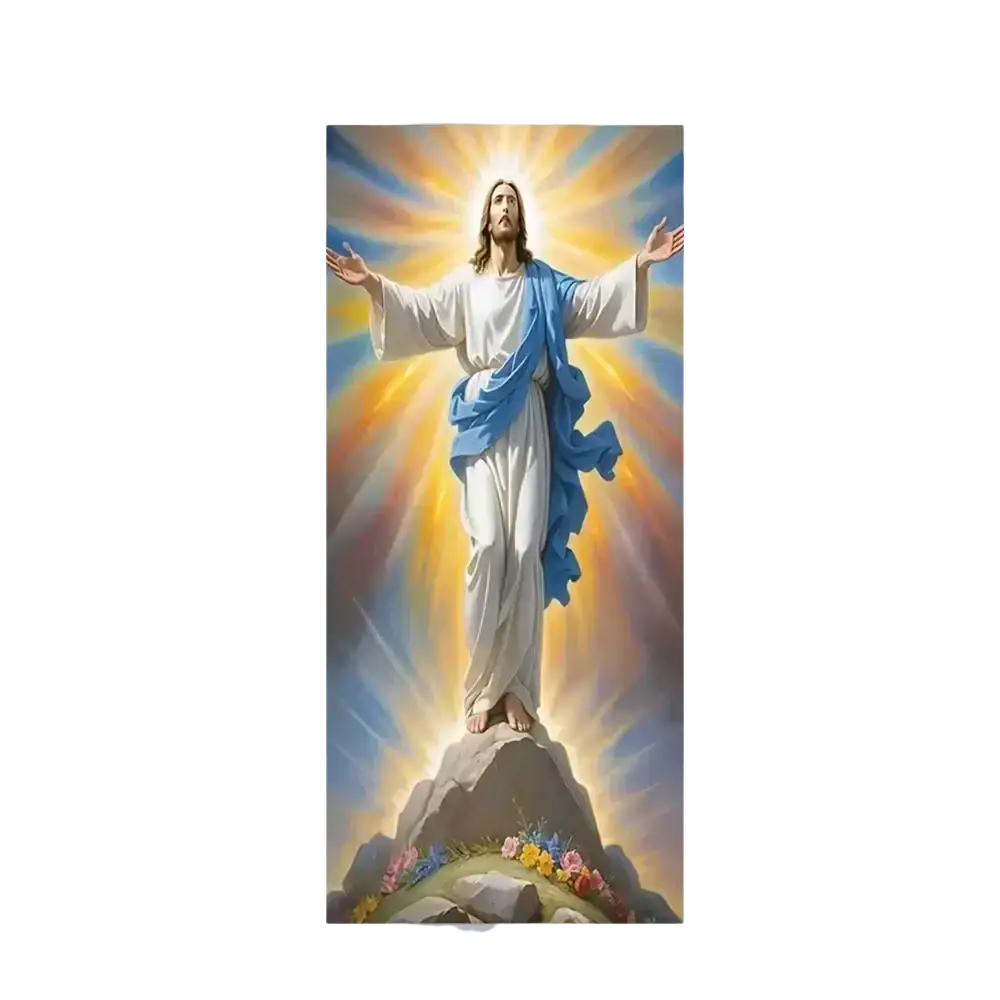 Christian jesus easter backdrop door cover featuring jesus christ in white robes with blue sash on rocky peak with halo light
