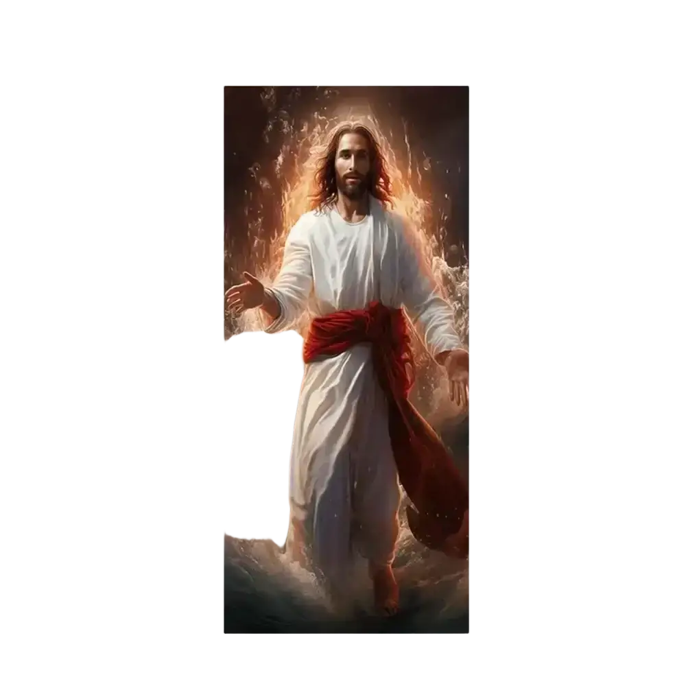 A christian jesus easter backdrop door cover featuring jesus in a white robe with a red sash surrounded by divine light