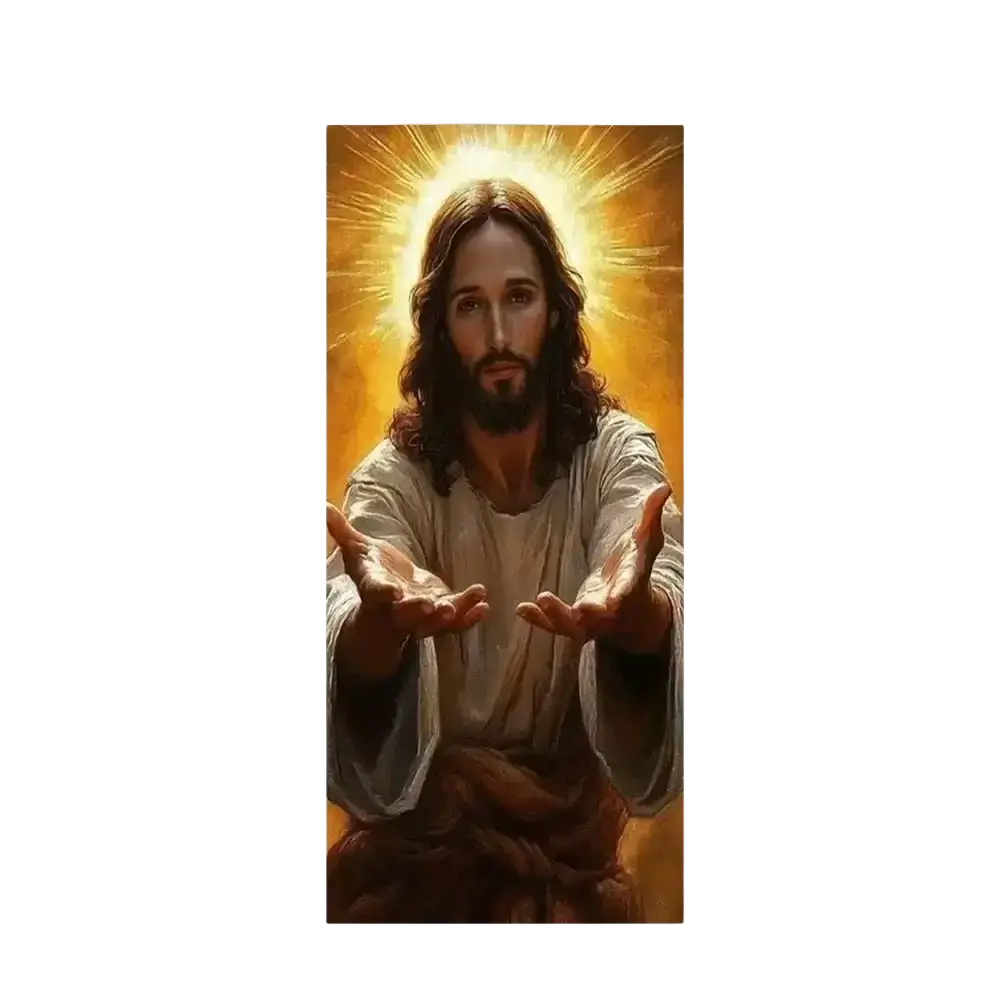 A christian jesus easter backdrop door cover featuring jesus christ with long brown hair and a golden halo