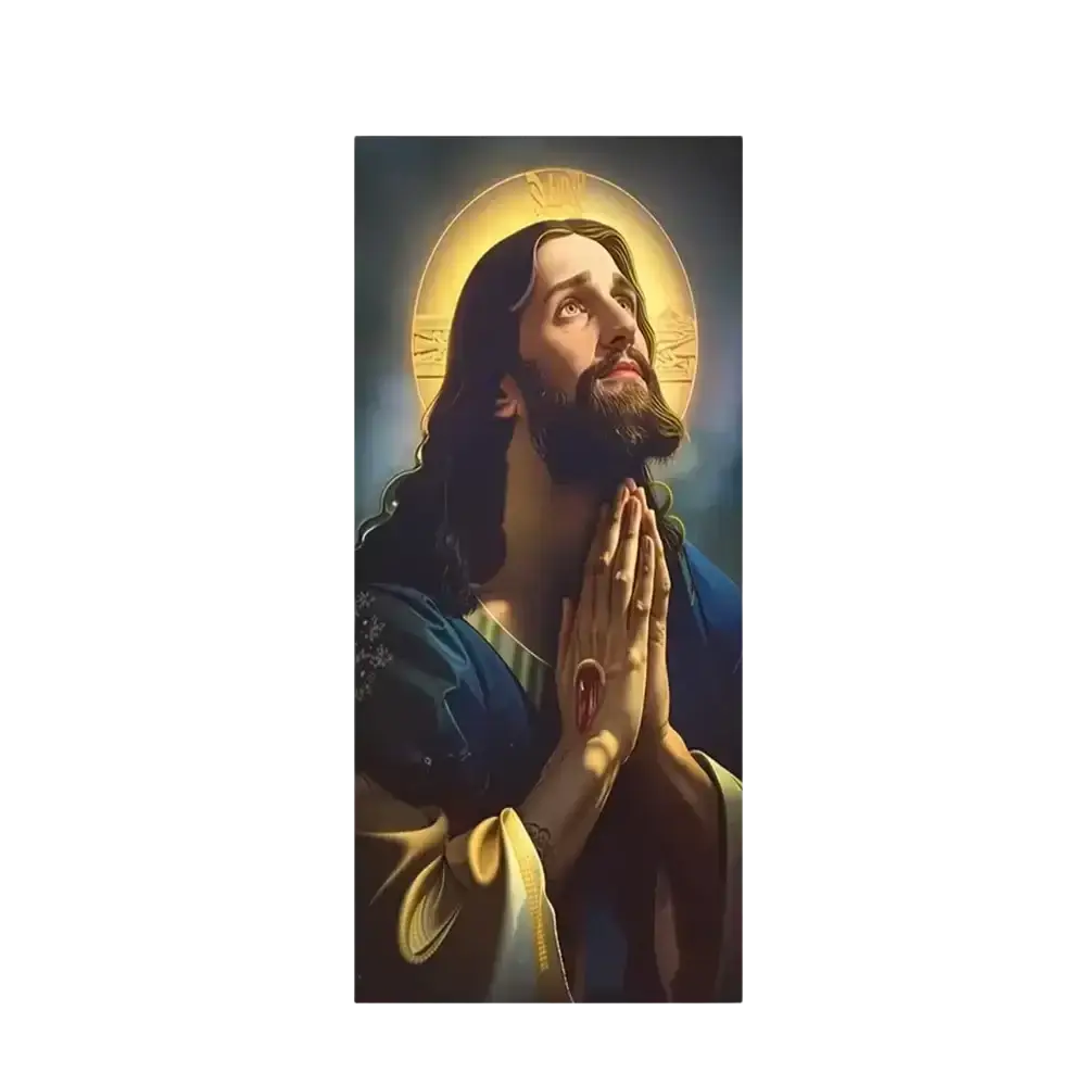 A christian jesus easter backdrop door cover featuring jesus with long dark hair, a blue robe, and a golden halo