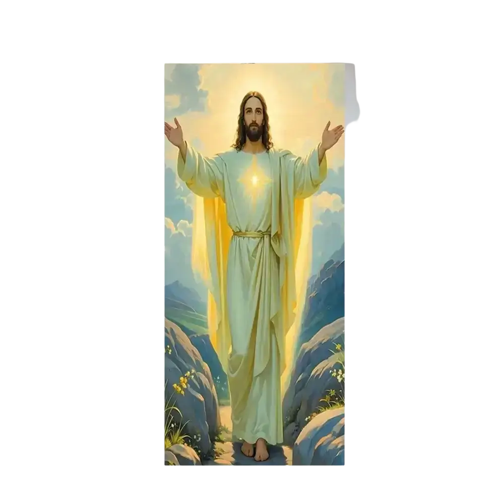 A christian jesus easter backdrop door cover featuring serene full-length jesus in pale green robe with golden light