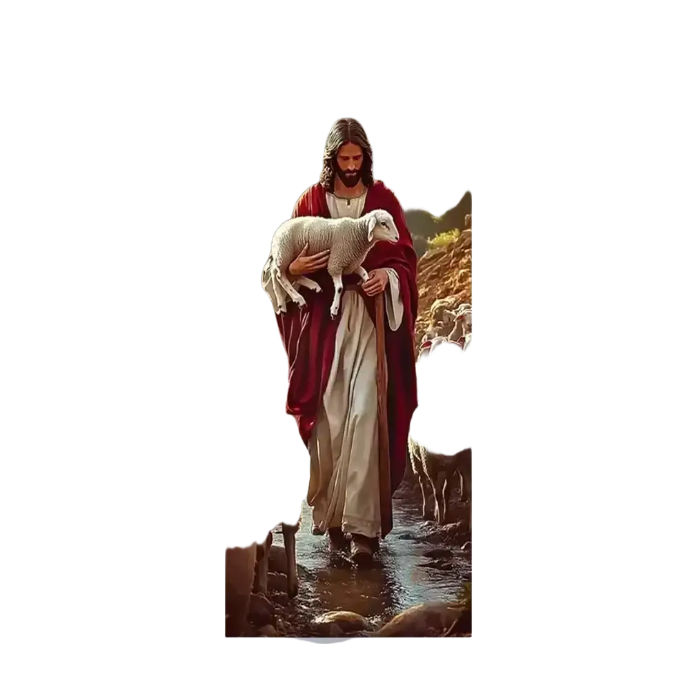 Christian jesus easter backdrop door cover featuring jesus in red and white robe holding a lamb walking through water