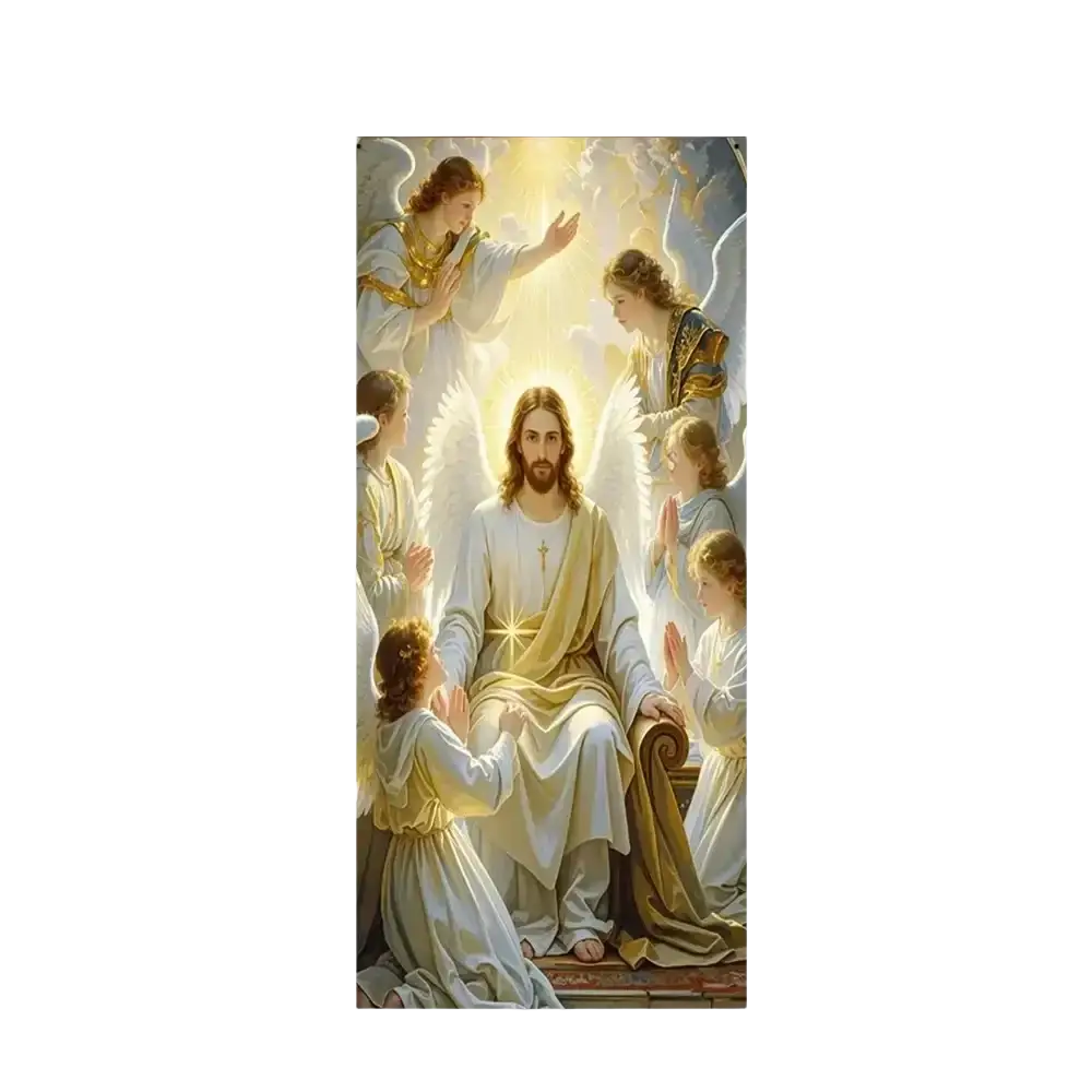 Christian jesus easter backdrop door cover featuring jesus seated on a throne with angels and children in white robes