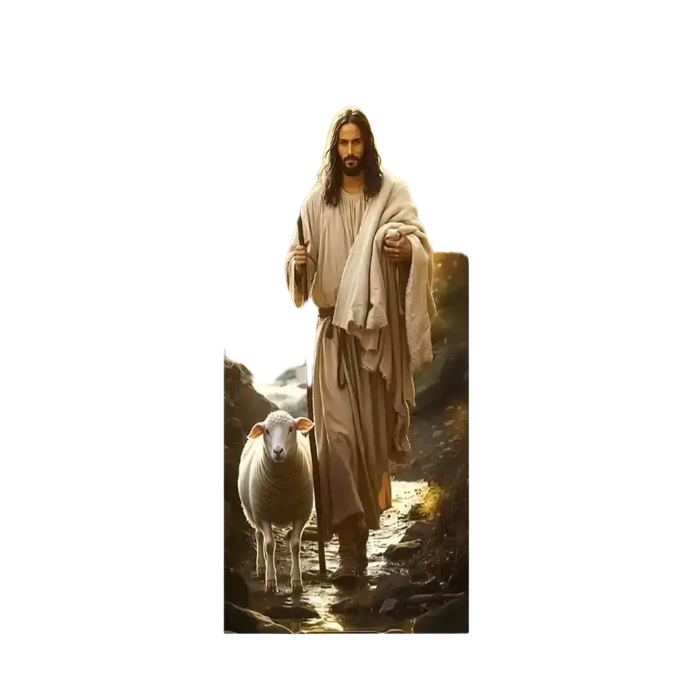 A christian jesus easter backdrop door cover features a serene full-length jesus in off-white robes beside a white sheep