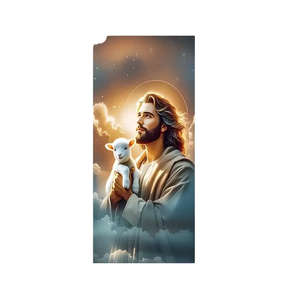 Christian jesus easter party photography backdrop door cover with serene bearded figure holding white lamb on celestial clouds