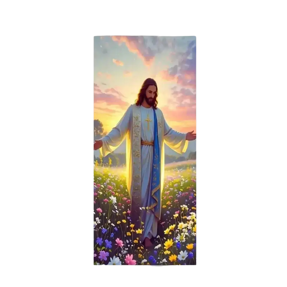 A christian jesus easter backdrop door cover featuring jesus in a light blue robe with gold embroidery in a vibrant field