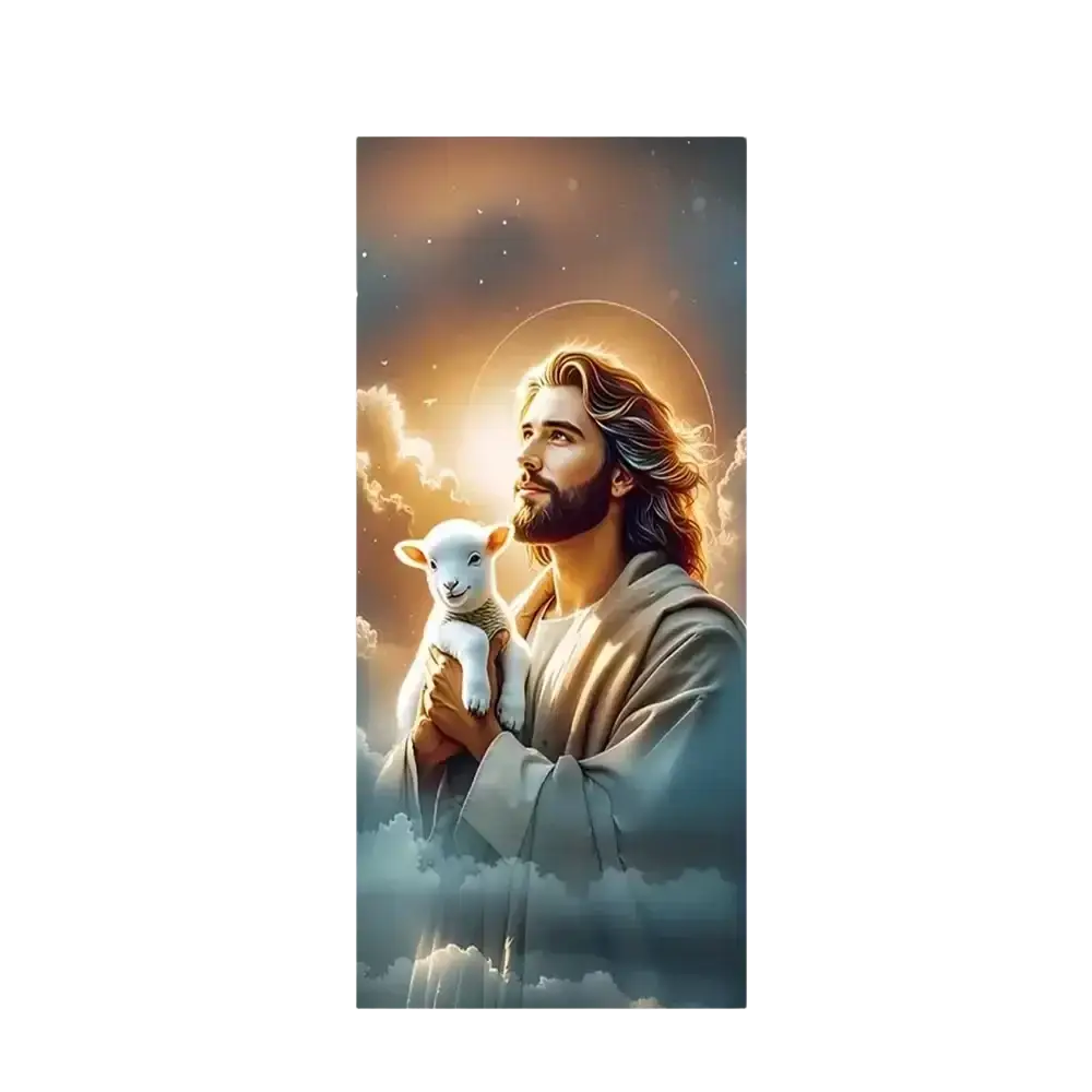 Christian jesus easter backdrop door cover featuring serene jesus holding white lamb with celestial soft clouds and light