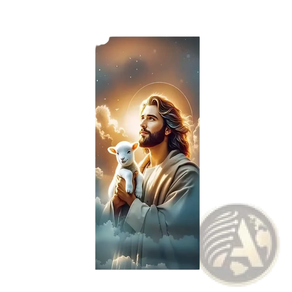 Christian jesus easter party photography backdrop door cover with serene bearded figure holding white lamb on celestial clouds
