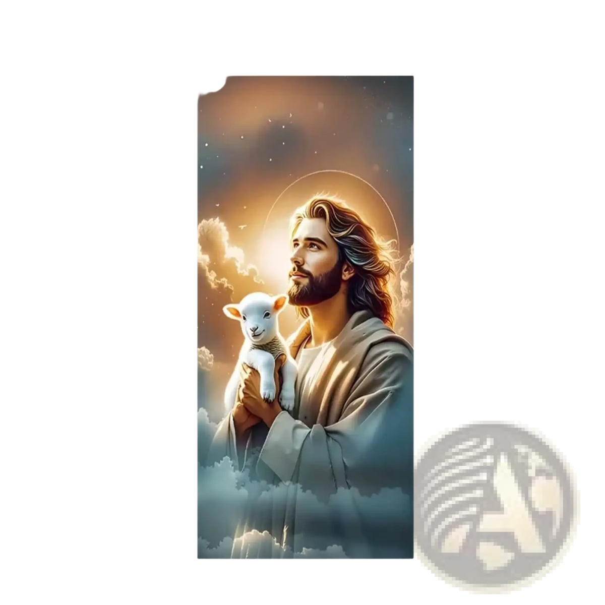 Christian jesus easter party photography backdrop door cover with serene bearded figure holding white lamb on celestial clouds