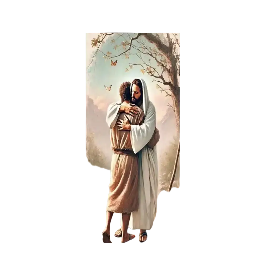 A christian jesus easter backdrop door cover showing a tender embrace in flowing white and earth-toned robes outdoors