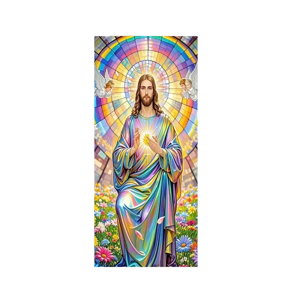 Christian jesus easter party photography backdrop door cover featuring vibrant iridescent stained glass decal with angelic figures and rainbow halo