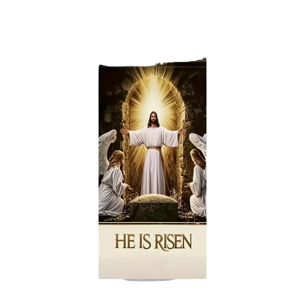 White door cover with golden radiant light and he is risen lettering for Christian Jesus Easter party photography backdrop