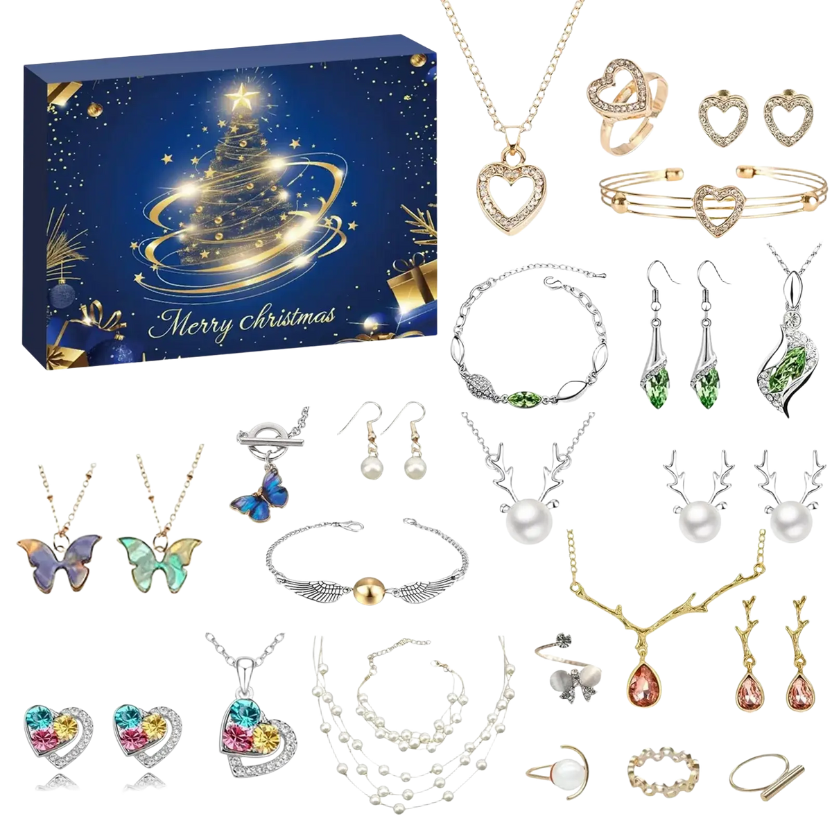 Christmas advent calendar jewelry gift set featuring elegant gold and silver heart pendants butterfly earrings and pearl necklaces