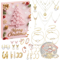A festive pink christmas advent calendar jewelry gift set with gold and rose gold pieces featuring butterfly reindeer pearls and crystals