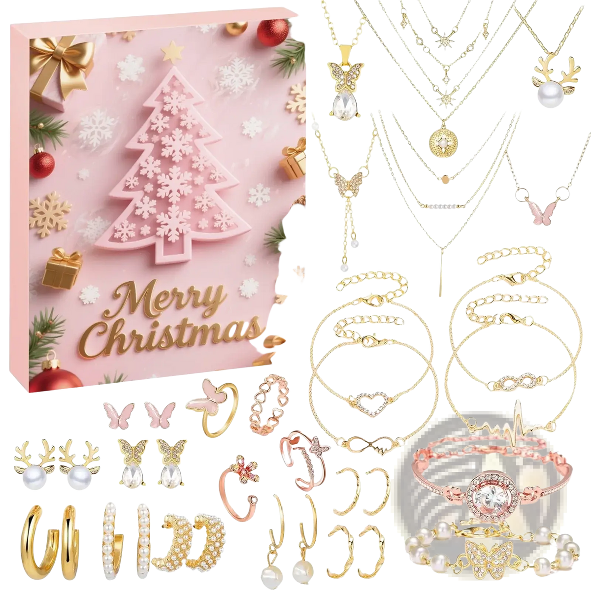 A festive pink christmas advent calendar jewelry gift set with gold and rose gold pieces featuring butterfly reindeer pearls and crystals