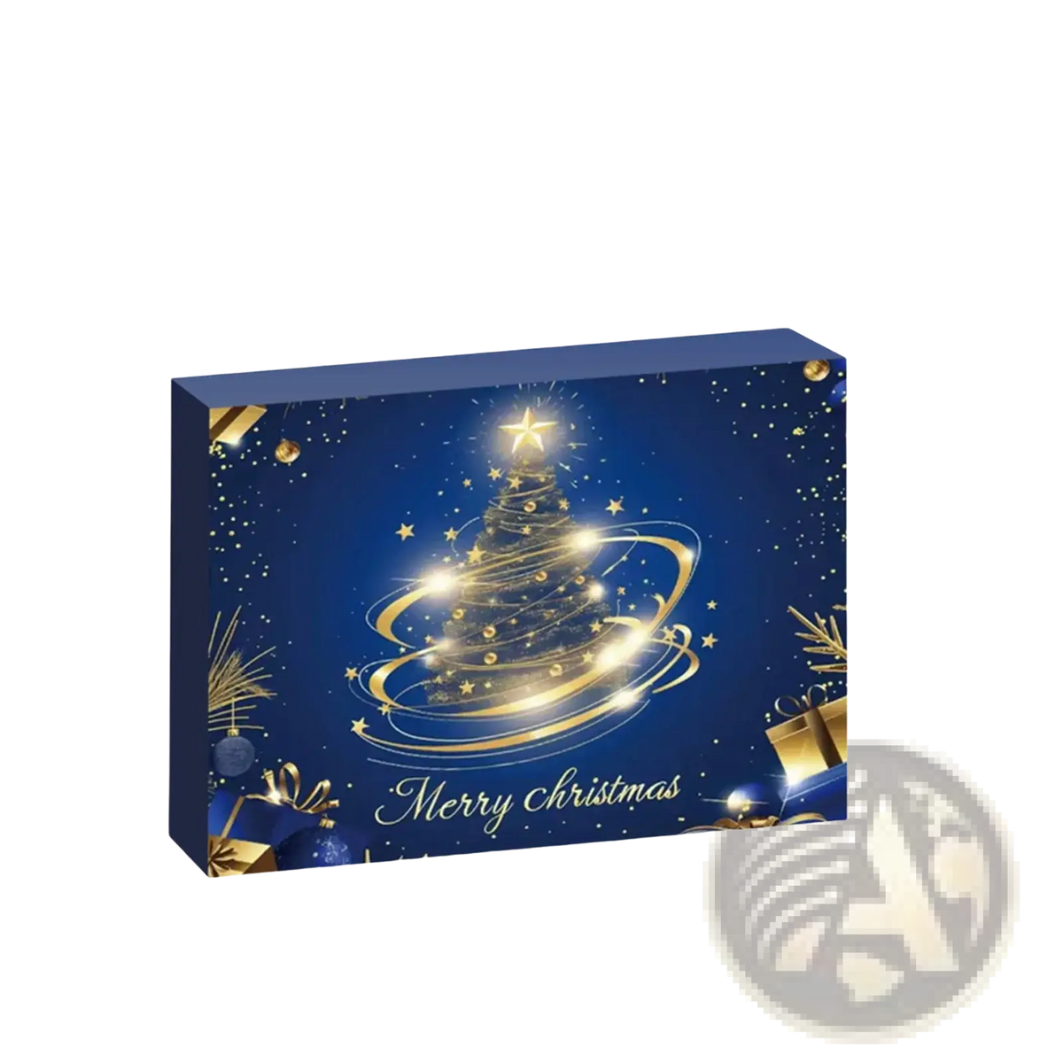 A festive blue christmas advent calendar jewelry gift set with a golden spiral tree stars and gift boxes on canvas