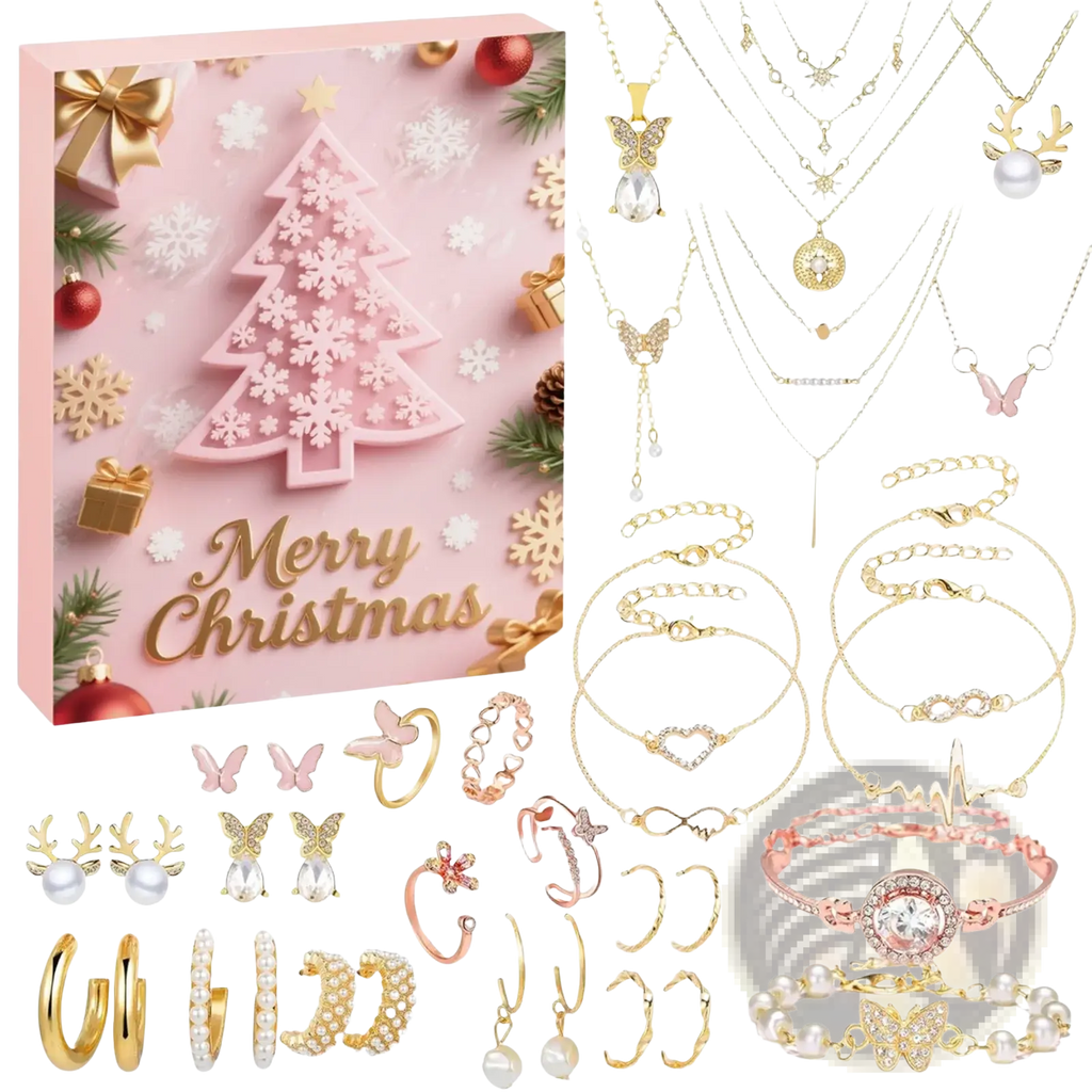 A festive pink christmas advent calendar jewelry gift set with gold and rose gold butterfly reindeer heart and pearl designs