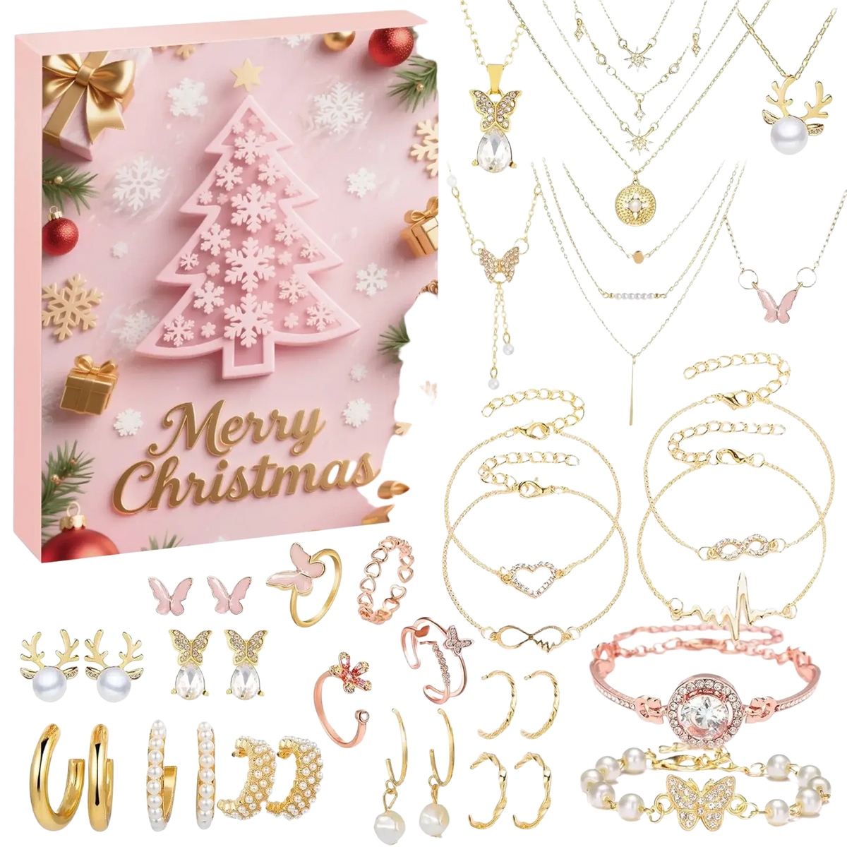 A festive pink christmas advent calendar jewelry gift set with gold and rose gold pieces featuring butterfly reindeer pearls and crystals