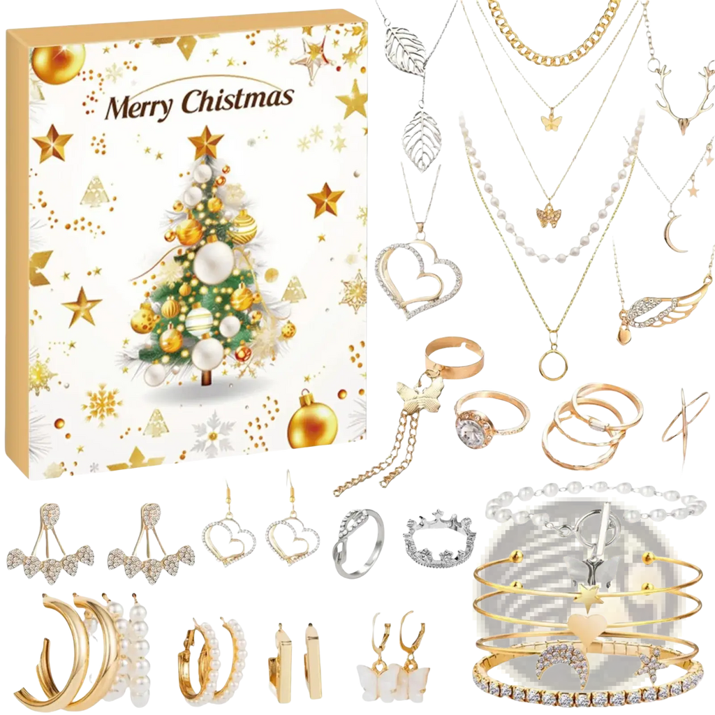 Gold and silver jewelry set with heart butterfly pearl and crown designs in christmas advent calendar gift set