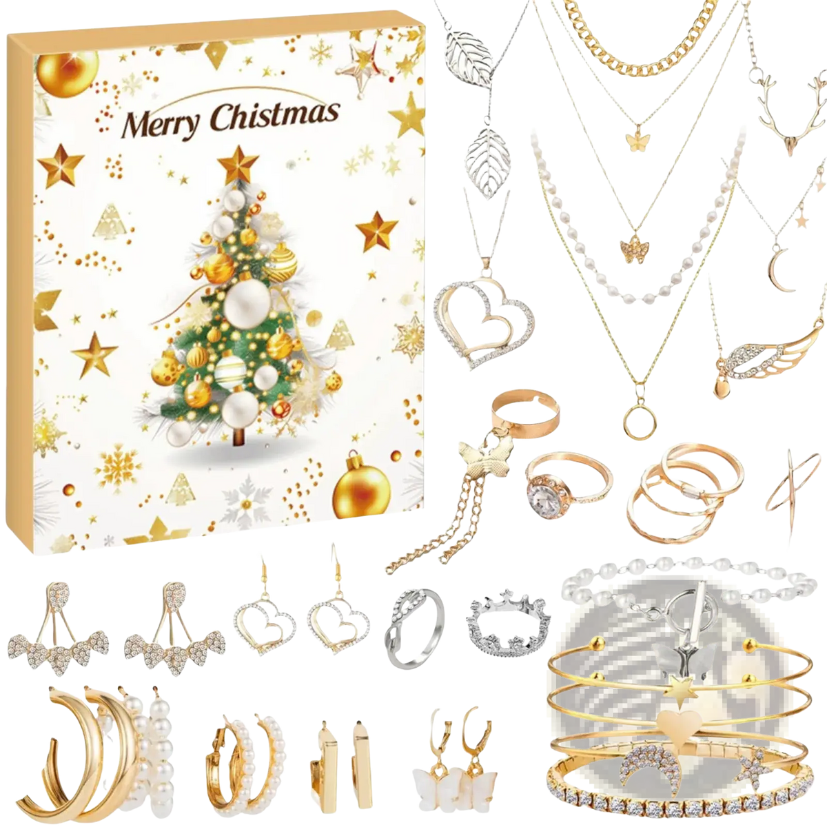 Gold and silver jewelry set with heart butterfly pearl and crown designs in christmas advent calendar gift set