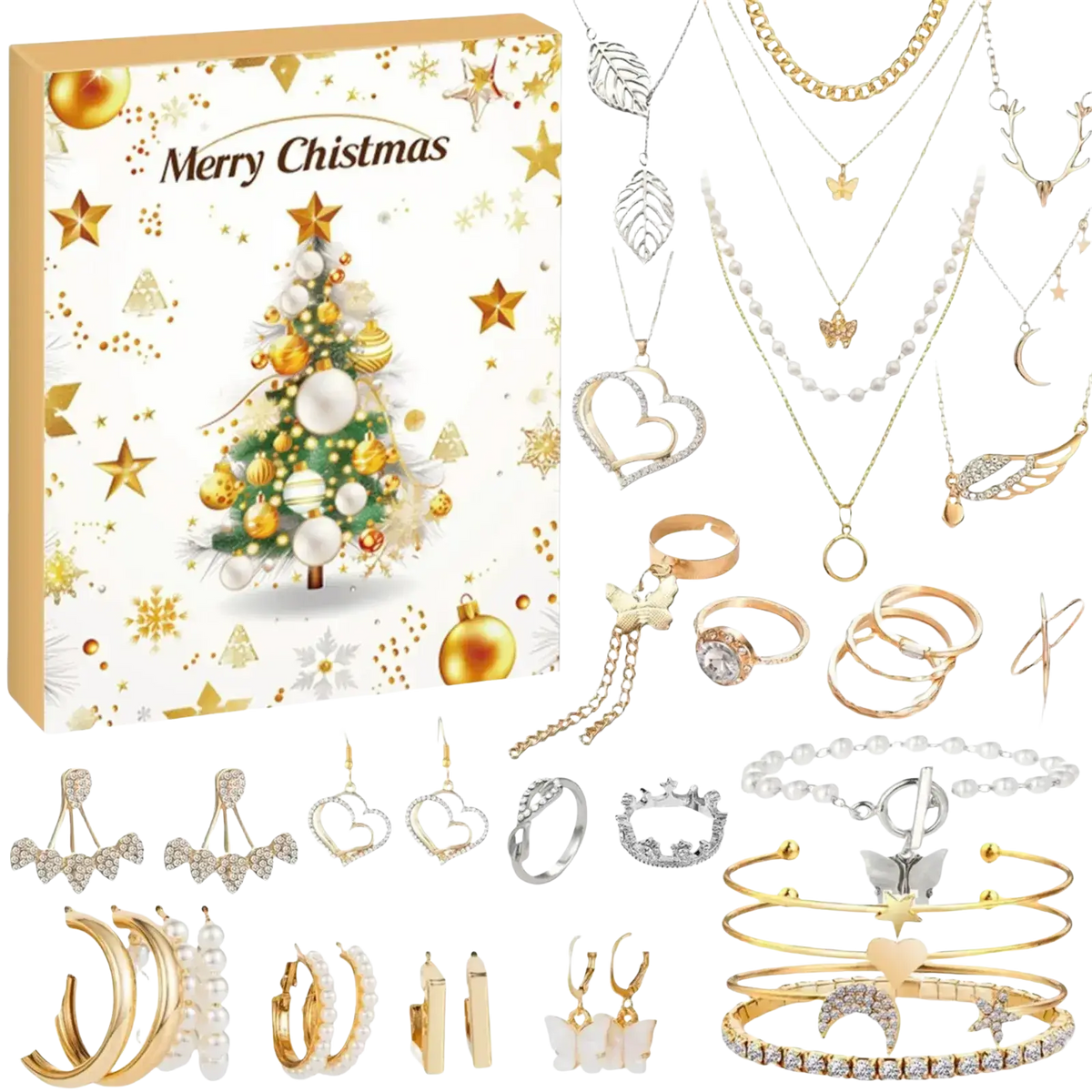 Gold and silver jeweled christmas advent calendar gift set box with festive tree design for holiday jewelry gift set
