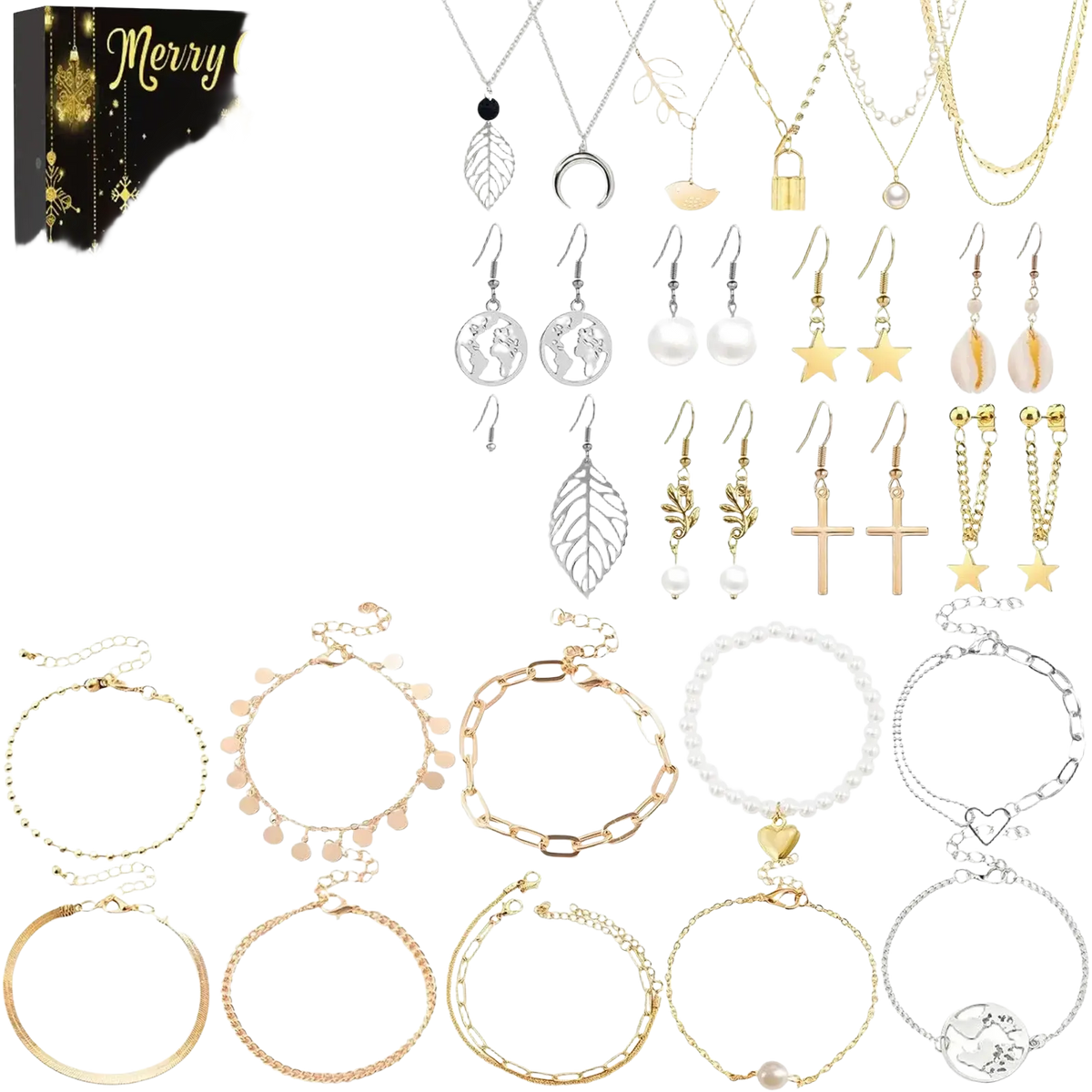 Christmas advent calendar jewelry gift set with gold and silver metallic finish featuring glowing tree reindeer and snowflakes