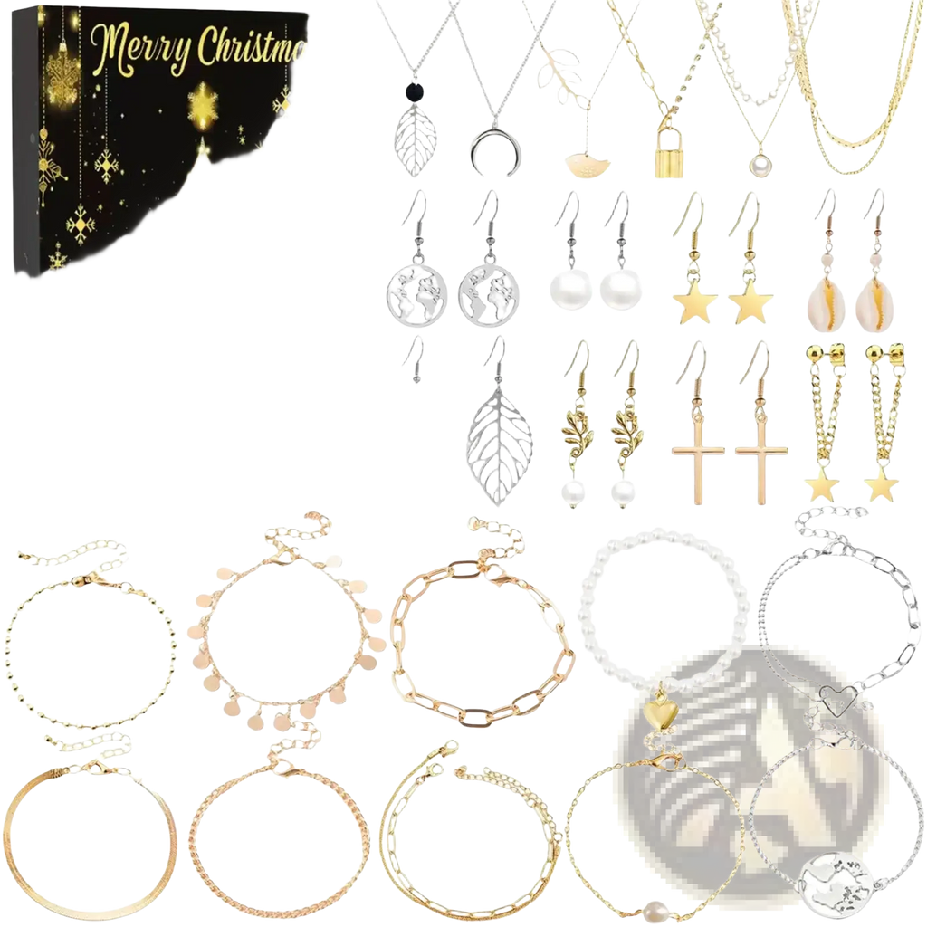 Christmas advent calendar jewelry gift set with gold and silver metallic chains featuring leaf moon star cross pearl and heart charms