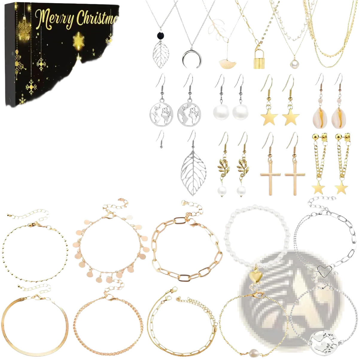 Christmas advent calendar jewelry gift set with gold and silver metallic chains featuring leaf moon star cross pearl and heart charms