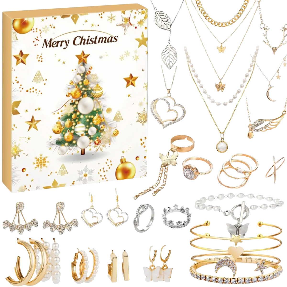 Gold and silver christmas-themed jewelry advent calendar with festive tree design and assorted necklaces rings earrings bracelets charms