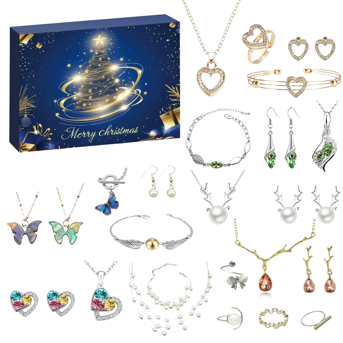 Christmas advent calendar jewelry gift set with silver-toned heart butterfly and deer designs featuring colorful gemstones