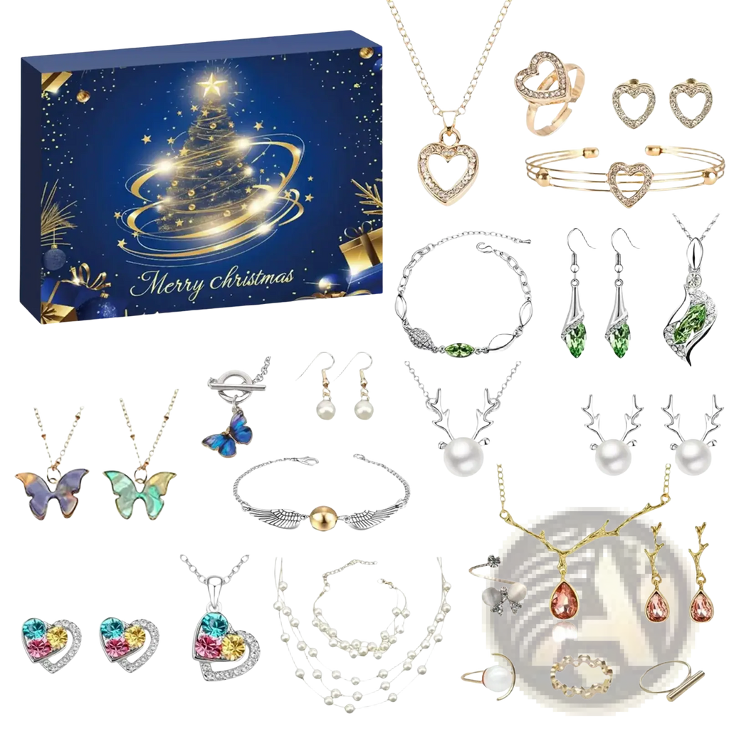 Christmas Advent Calendar jewelry gift set featuring gold-toned heart butterfly and deer designs with rhinestones and pearls