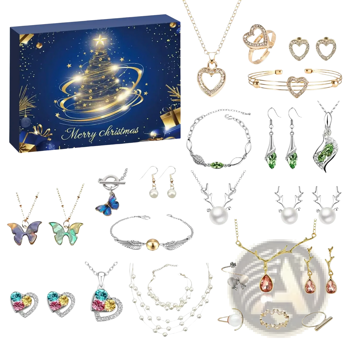 Christmas Advent Calendar jewelry gift set featuring gold-toned heart butterfly and deer designs with rhinestones and pearls