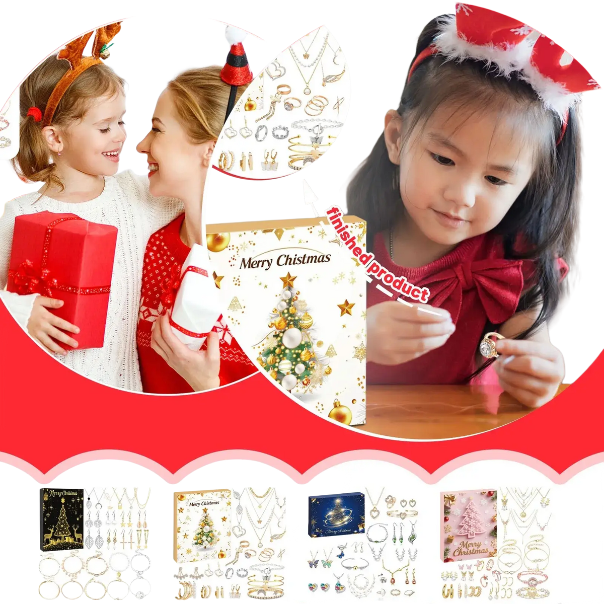 Christmas advent calendar jewelry gift set with gold and silver metal pieces and festive holiday designs in merry christmas box