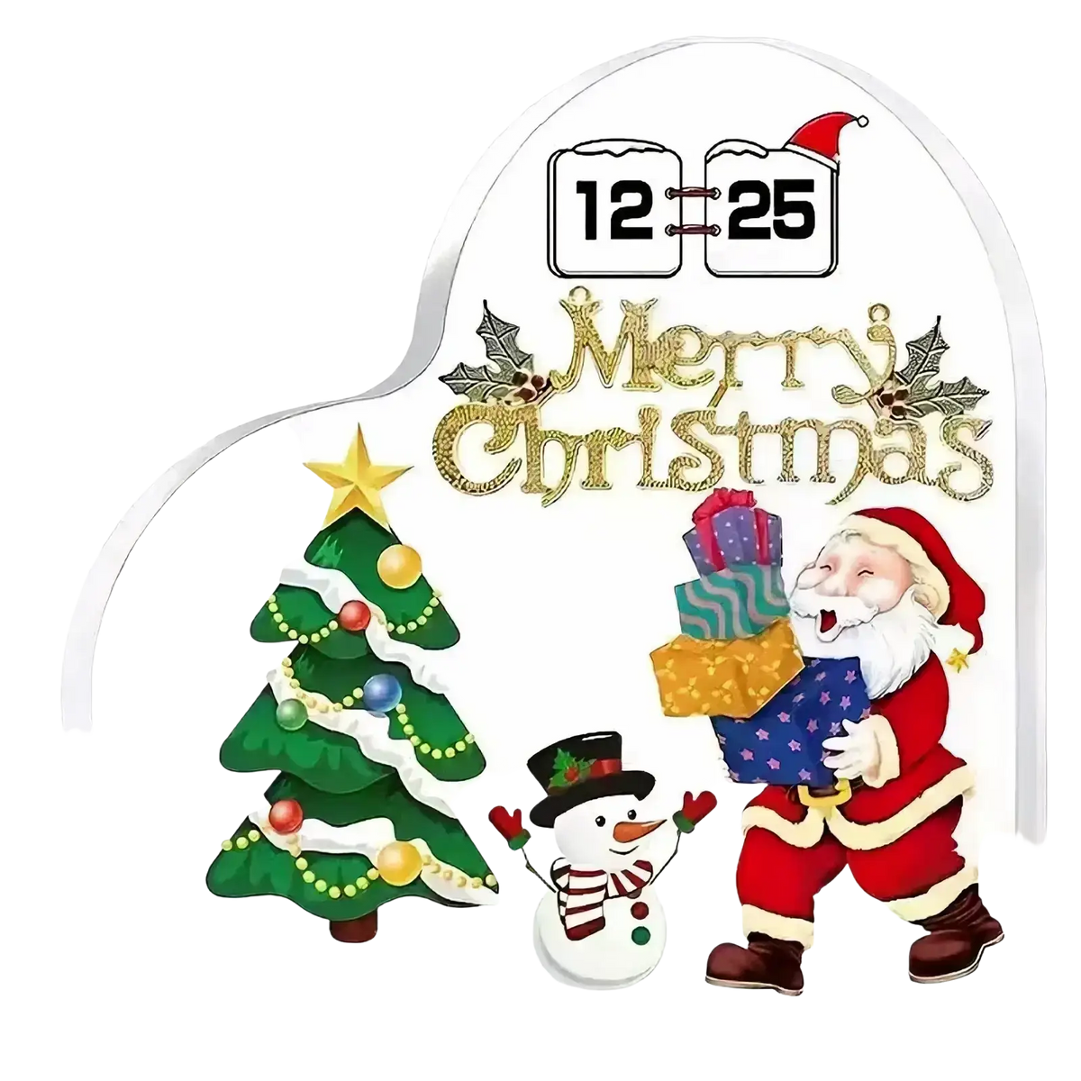 White christmas advent calendar with santa, snowman, tree design in high quality acrylic art display ornament stand