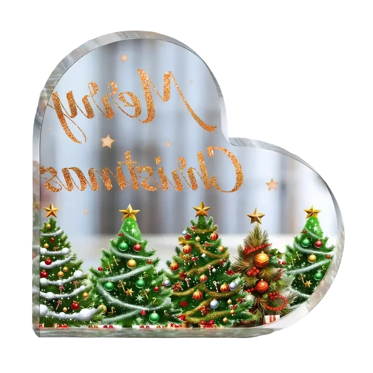 Heart-shaped transparent acrylic christmas desktop ornament with glittery gold merry christmas script and festive tree scene
