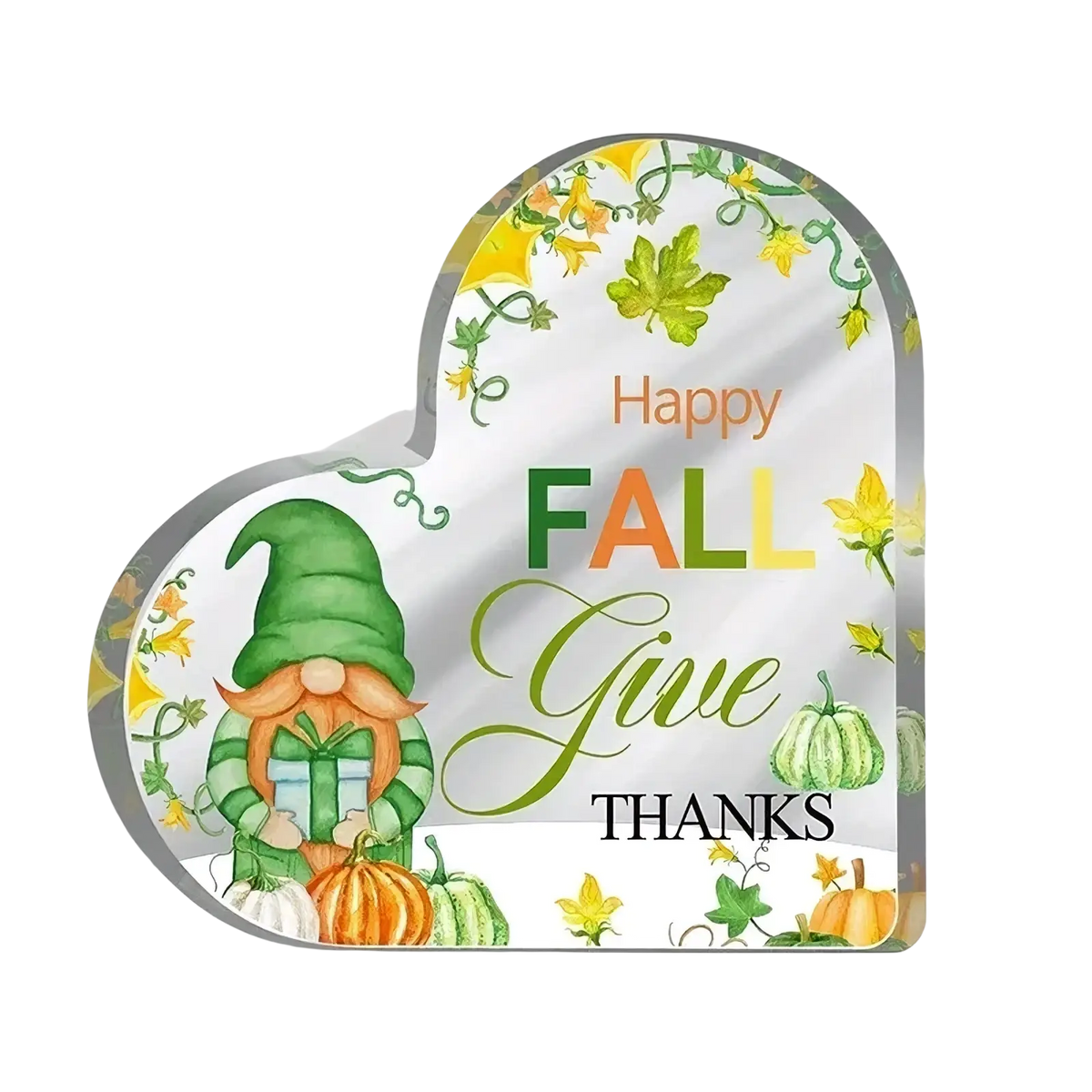Acrylic christmas heart desktop ornament stand featuring a heart-shaped sign with a green gnome and autumn leaves