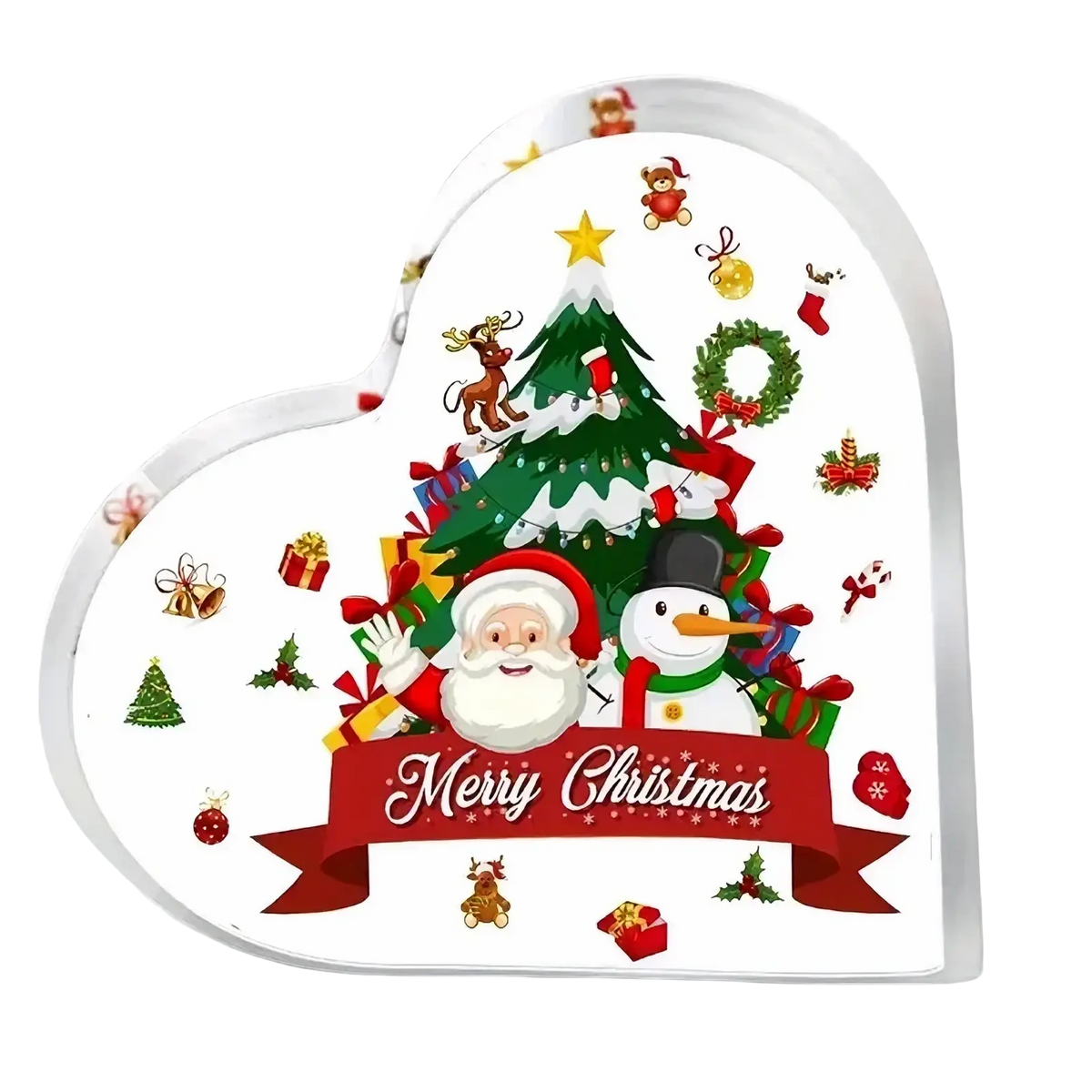 Acrylic christmas heart desktop ornament stand with glossy white surface featuring santa snowman and festive designs