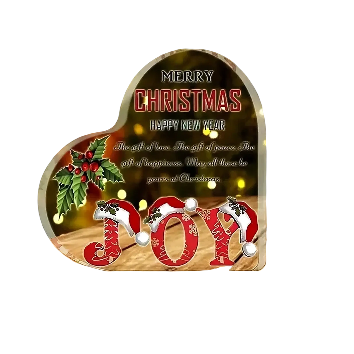 Acrylic clear heart-shaped Christmas desktop ornament with red silver joy letters holly design and engraved holiday message