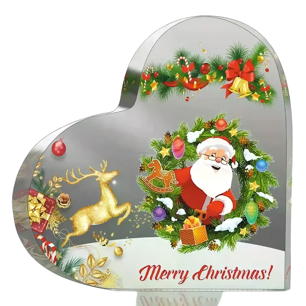 Heart-shaped metallic christmas candy tin with santa wreath illustration on transparent stand for art display use