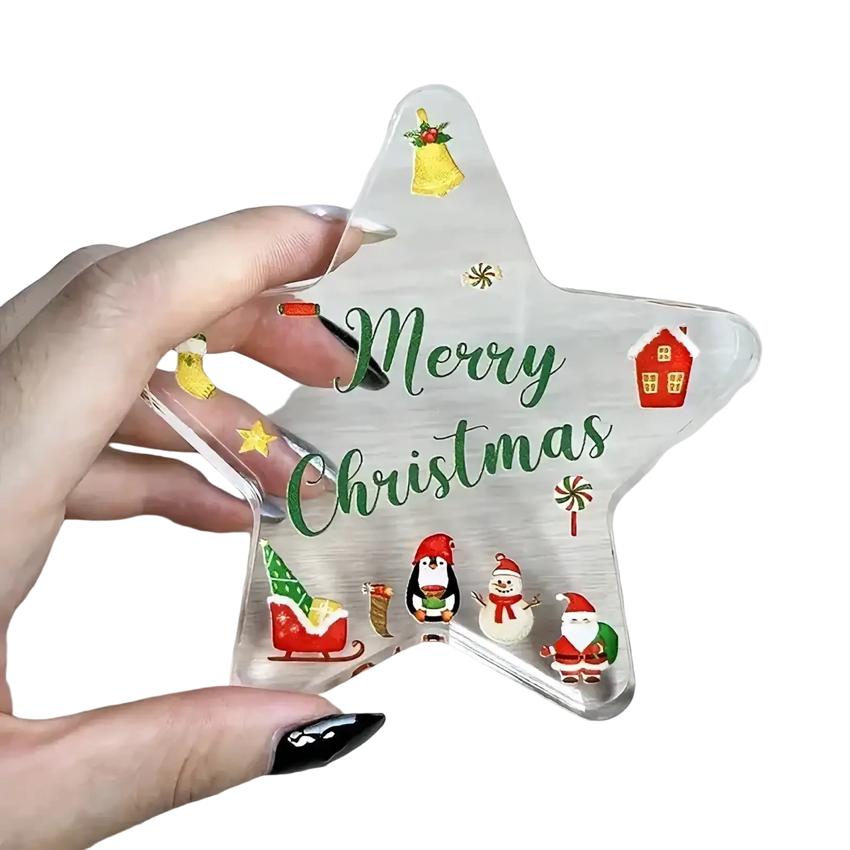 Clear acrylic star-shaped christmas ornament with festive santa snowman penguins decals and merry christmas script