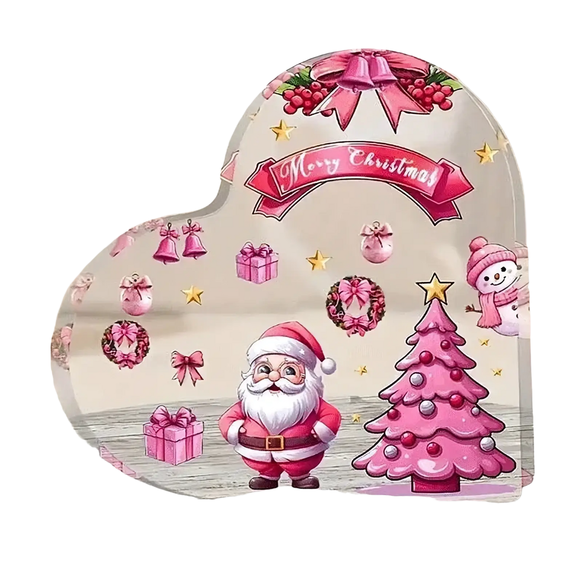 Pink christmas-themed clear acrylic heart desktop ornament featuring santa tree and festive decorations