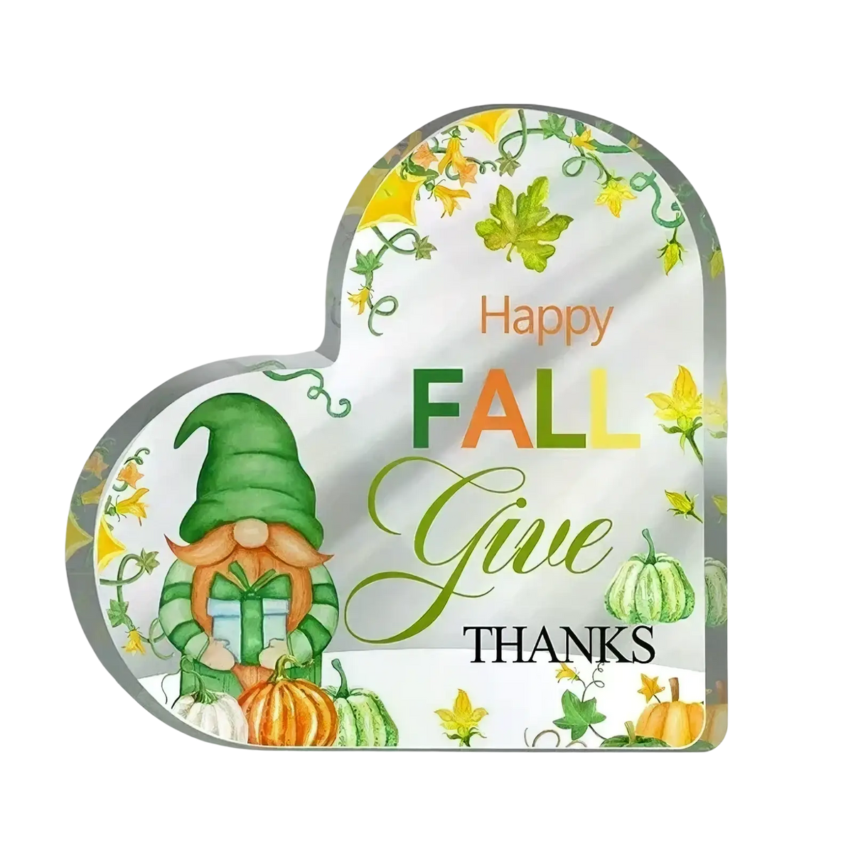 Heart-shaped acrylic Christmas heart desktop ornament stand with painted green gnome holding pumpkins and autumn leaves